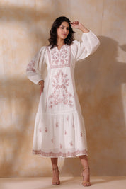Women White Cotton Dobby Embroidery Long Dress - Nyaro