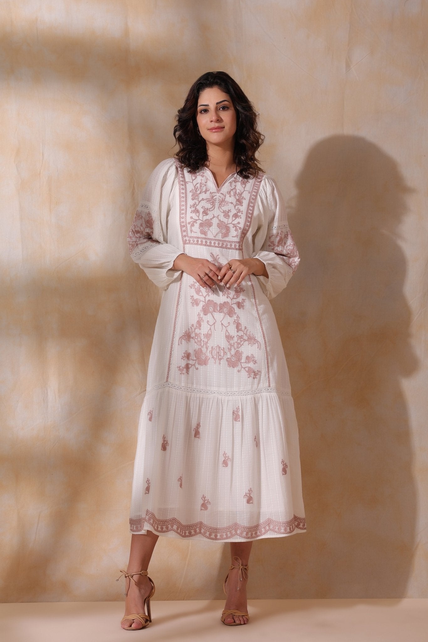 Women White Cotton Dobby Embroidery Long Dress - Nyaro