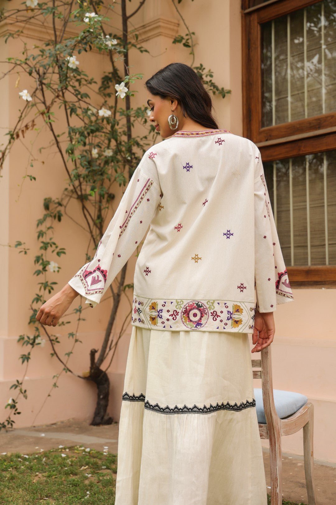 Women White Cotton Embroidered Shrug - Nyaro