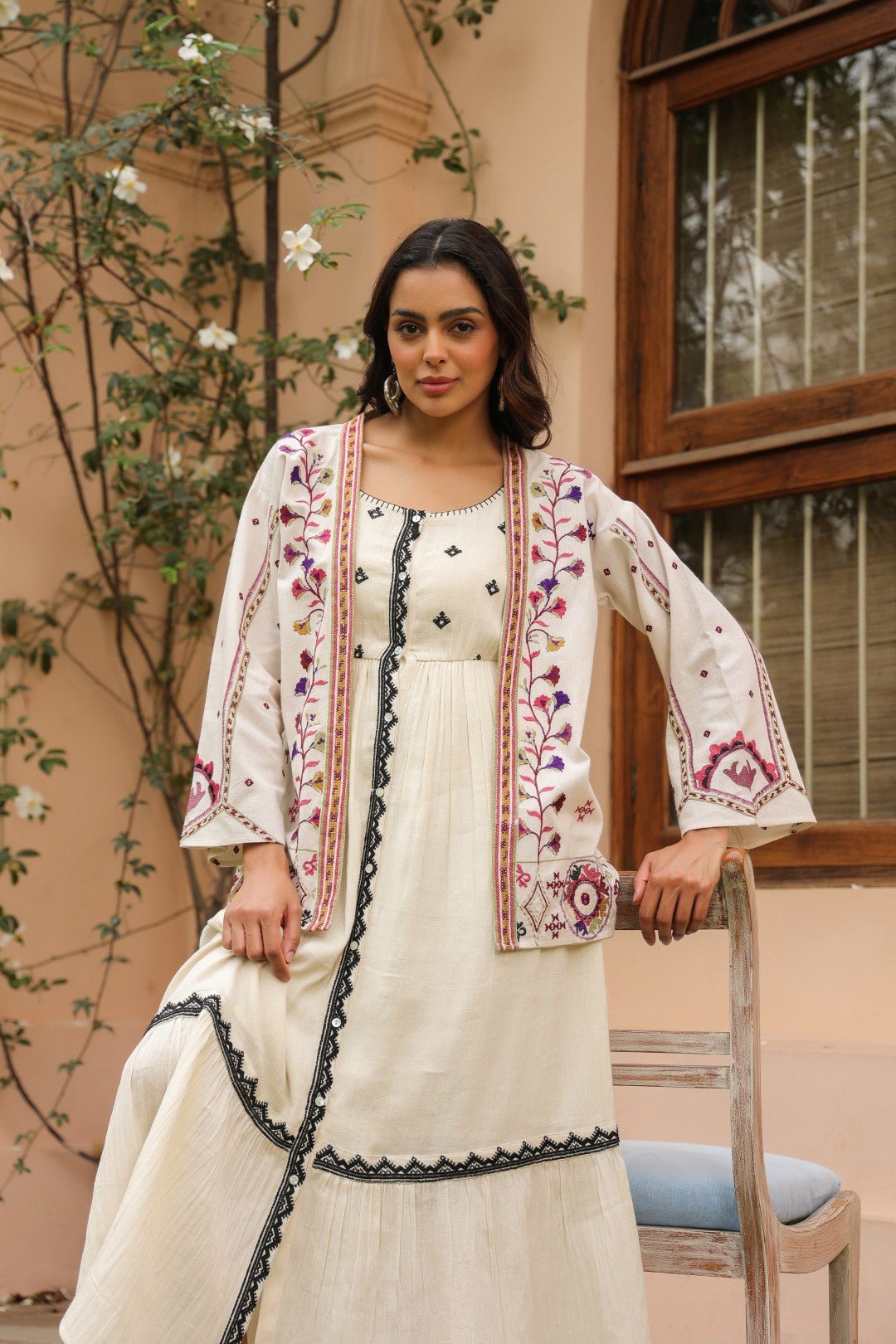 Women White Cotton Embroidered Shrug - Nyaro