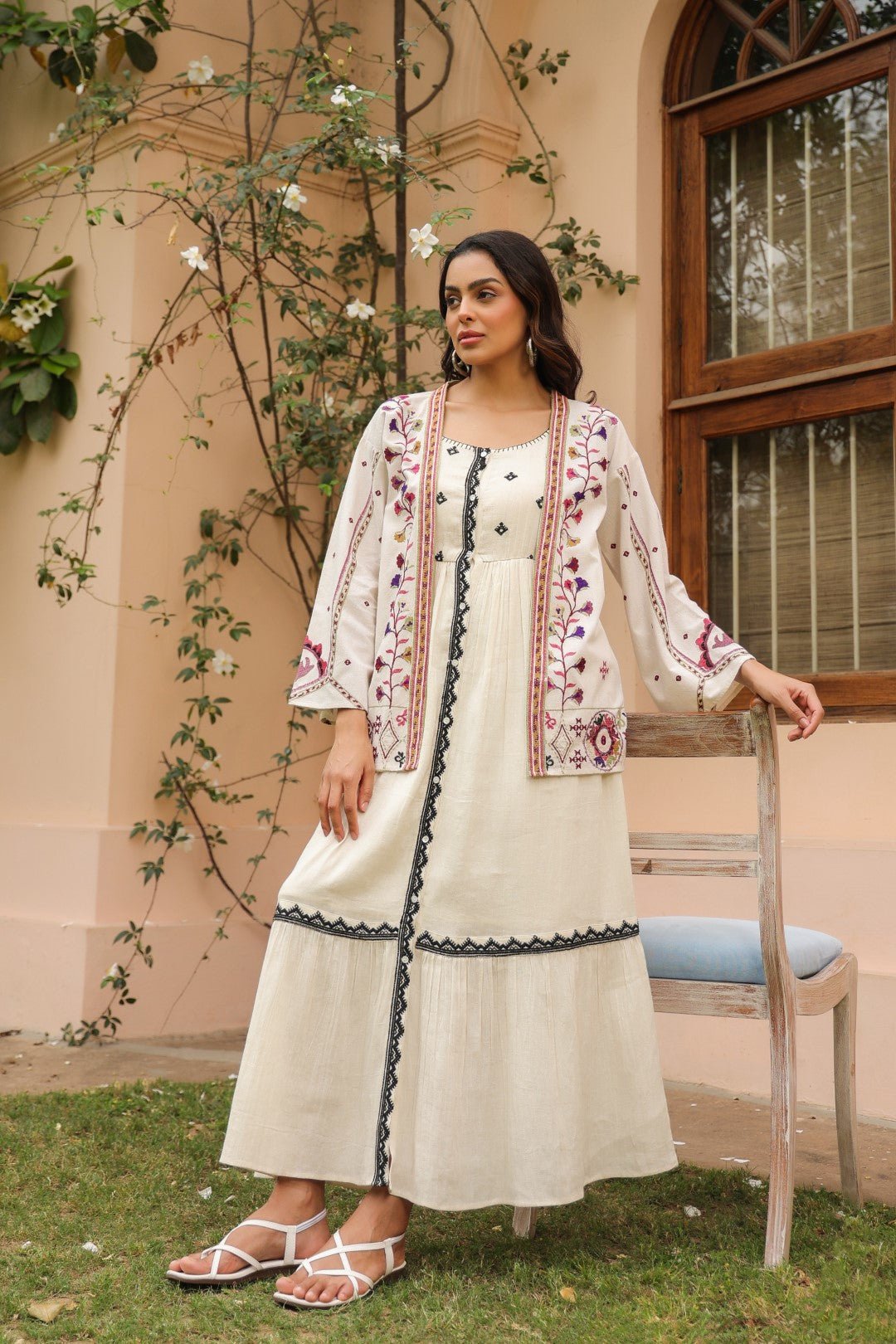 Women White Cotton Embroidered Shrug - Nyaro