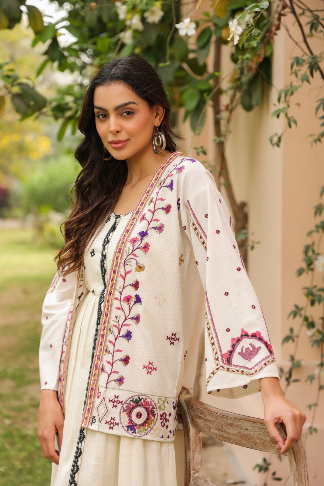 Women White Cotton Embroidered Shrug - Nyaro