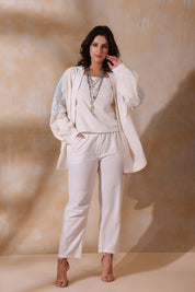 Women White Cotton Flex Linen Blue Embroidery With Hand Work Co - Ord Set - Nyaro