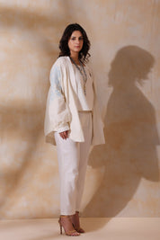 Women White Cotton Flex Linen Blue Embroidery With Hand Work Co - Ord Set - Nyaro