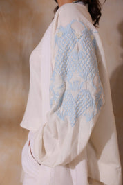 Women White Cotton Flex Linen Blue Embroidery With Hand Work Co - Ord Set - Nyaro