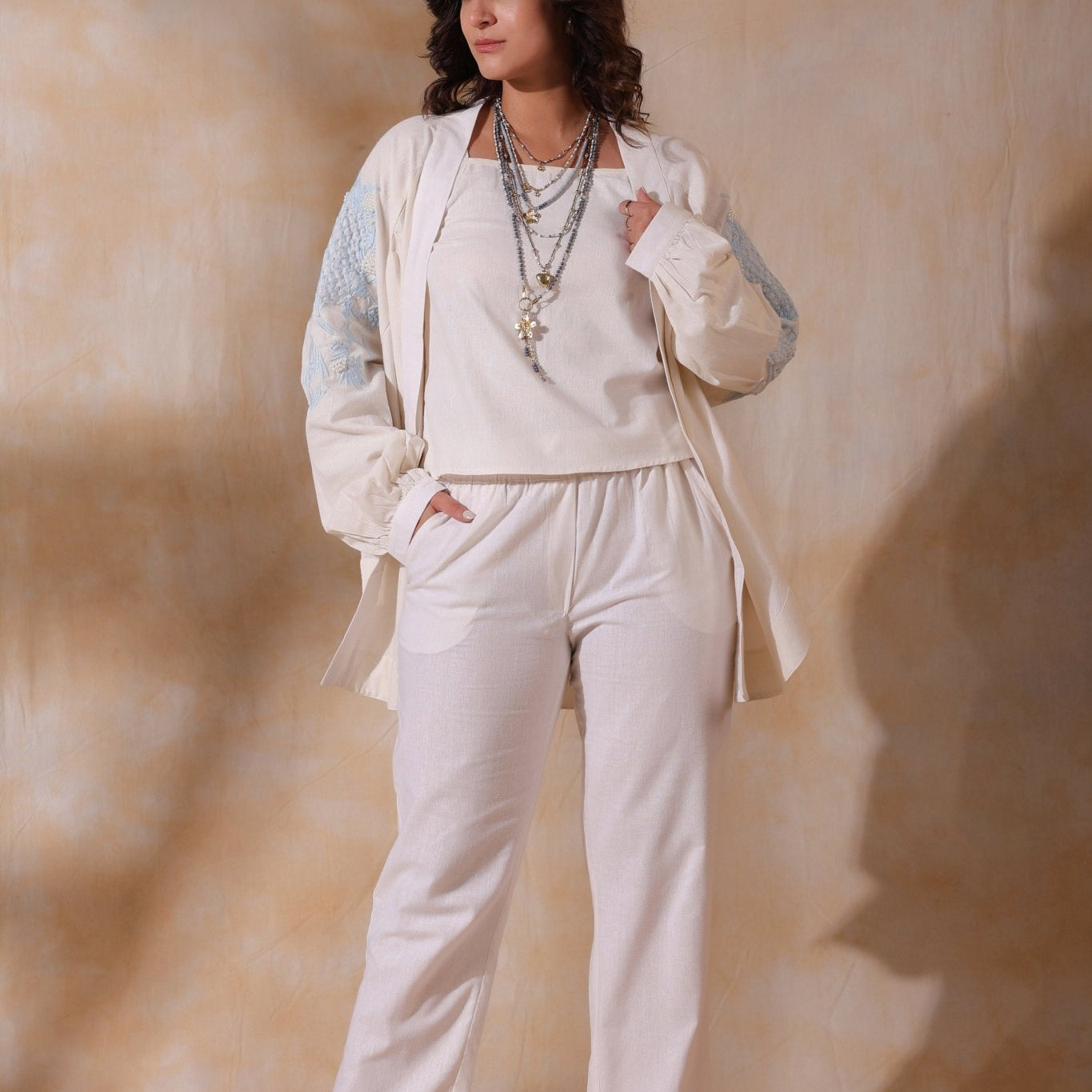 Women White Cotton Flex Linen Blue Embroidery With Hand Work Co - Ord Set - Nyaro