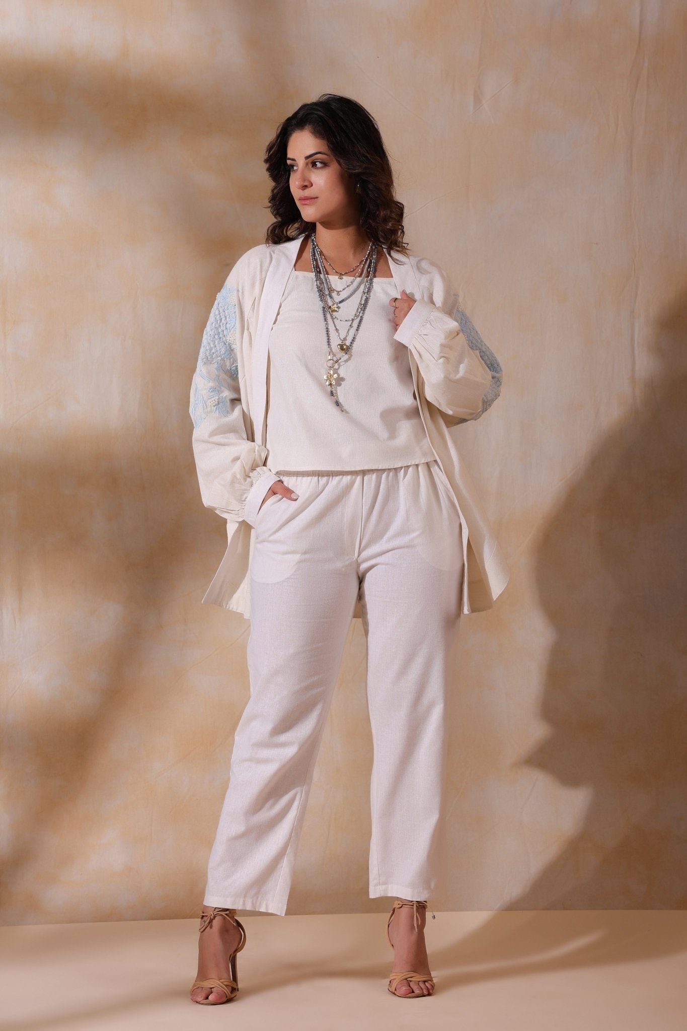 Women White Cotton Flex Linen Blue Embroidery With Hand Work Co - Ord Set - Nyaro