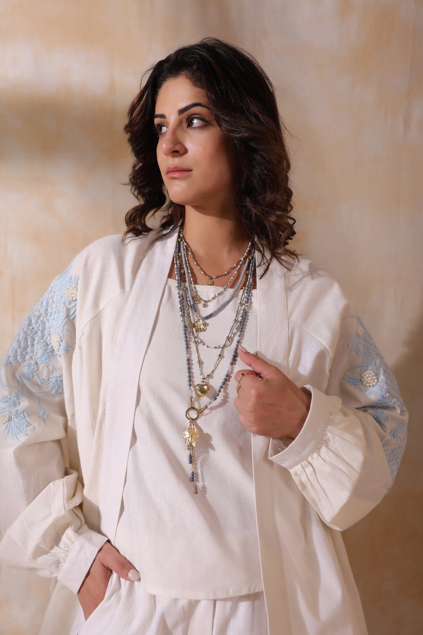 Women White Cotton Flex Linen Blue Embroidery With Hand Work Co - Ord Set - Nyaro