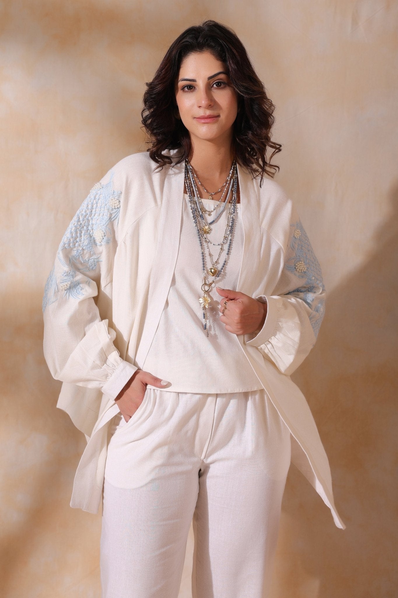 Women White Cotton Flex Linen Blue Embroidery With Hand Work Co - Ord Set - Nyaro