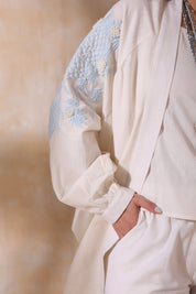 Women White Cotton Flex Linen Blue Embroidery With Hand Work Co - Ord Set - Nyaro