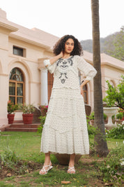 Women White Rayon Crepe Black Embroidered Frill Detailing Dress - Nyaro