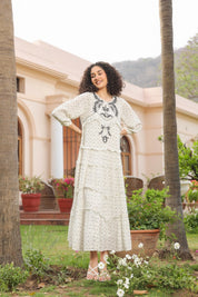 Women White Rayon Crepe Black Embroidered Frill Detailing Dress - Nyaro
