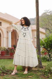 Women White Rayon Crepe Black Embroidered Frill Detailing Dress - Nyaro