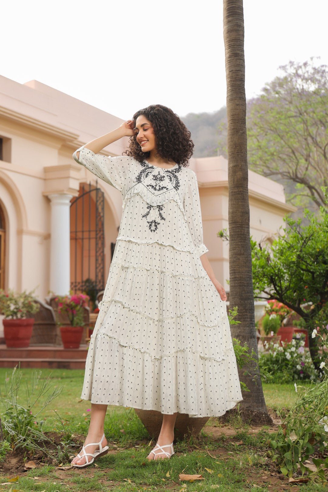 Women White Rayon Crepe Black Embroidered Frill Detailing Dress Nyaro Women White Rayon Crepe Black Embroidered Frill Detailing Dress Nyaro