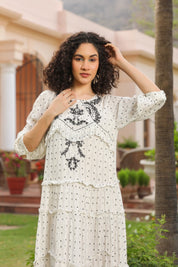 Women White Rayon Crepe Black Embroidered Frill Detailing Dress - Nyaro