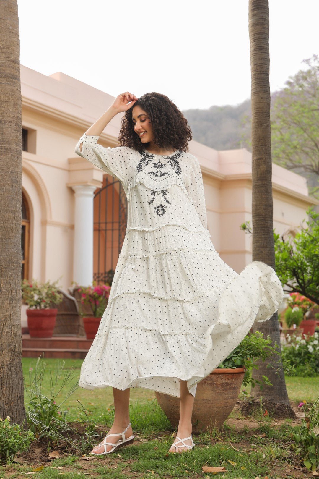 Women White Rayon Crepe Black Embroidered Frill Detailing Dress - Nyaro