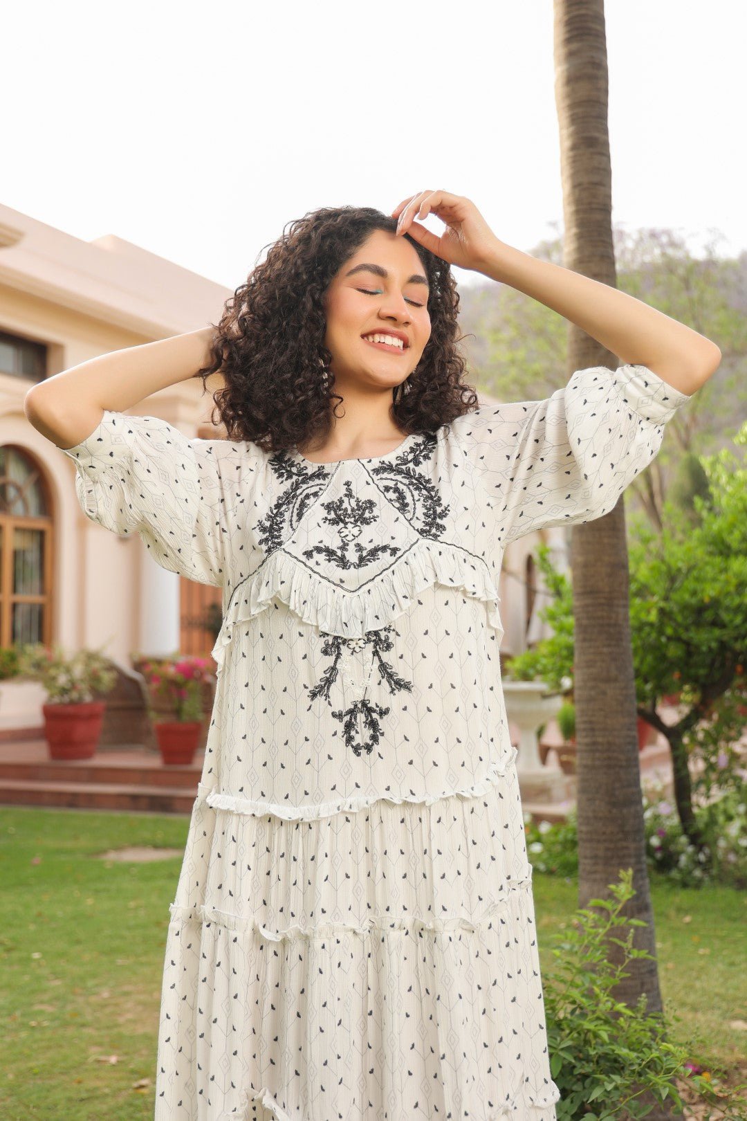 Women White Rayon Crepe Black Embroidered Frill Detailing Dress  Nyaro