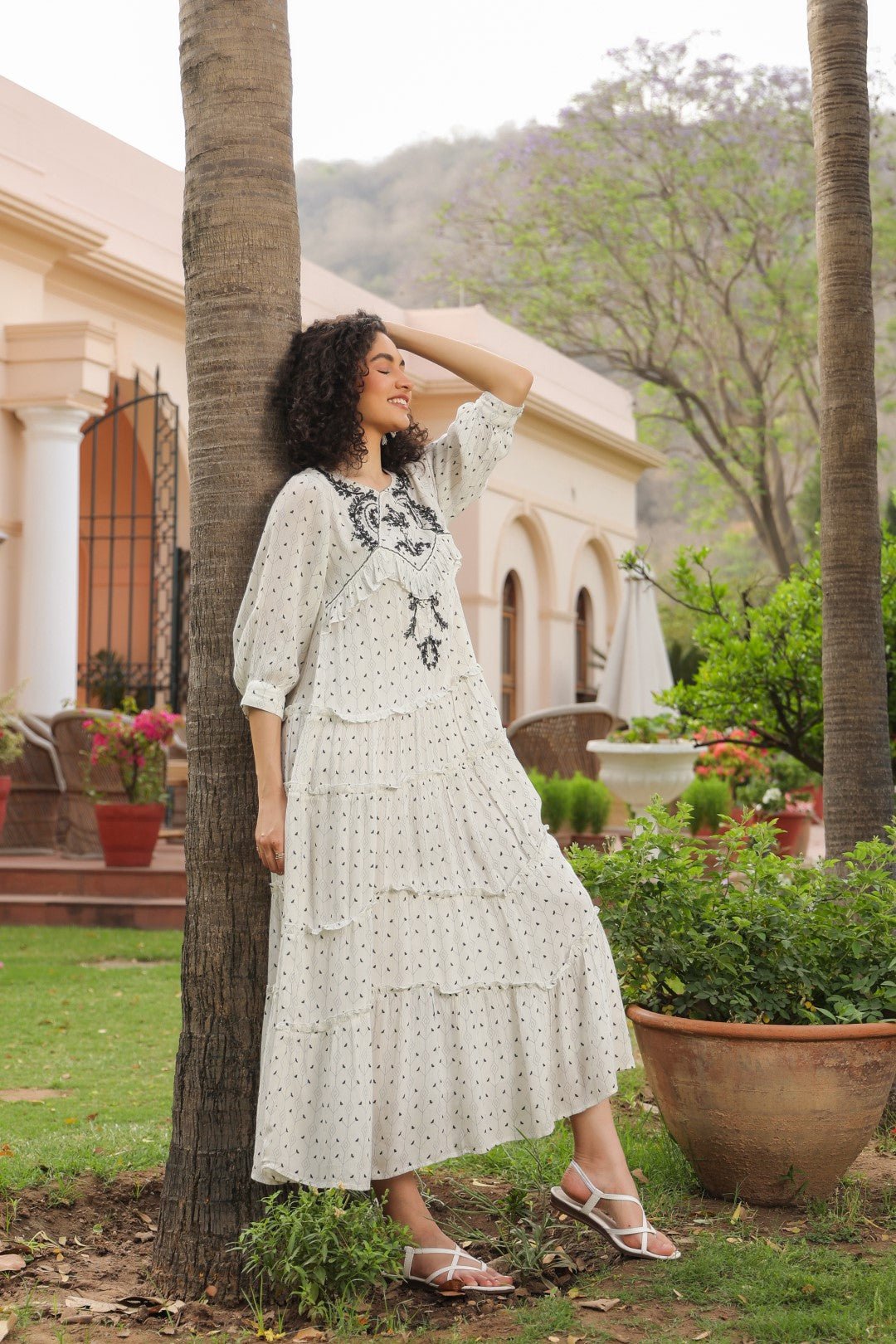 Women White Rayon Crepe Black Embroidered Frill Detailing Dress - Nyaro