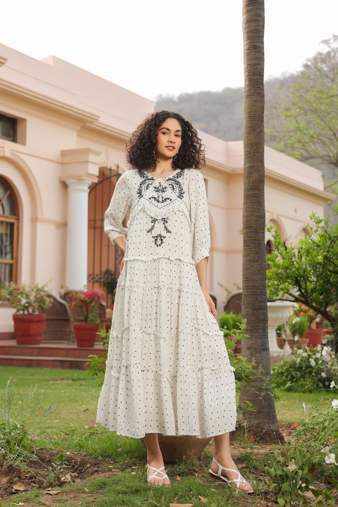Women White Rayon Crepe Black Embroidered Frill Detailing Dress - Nyaro