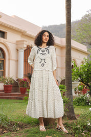 Women White Rayon Crepe Black Embroidered Frill Detailing Dress - Nyaro