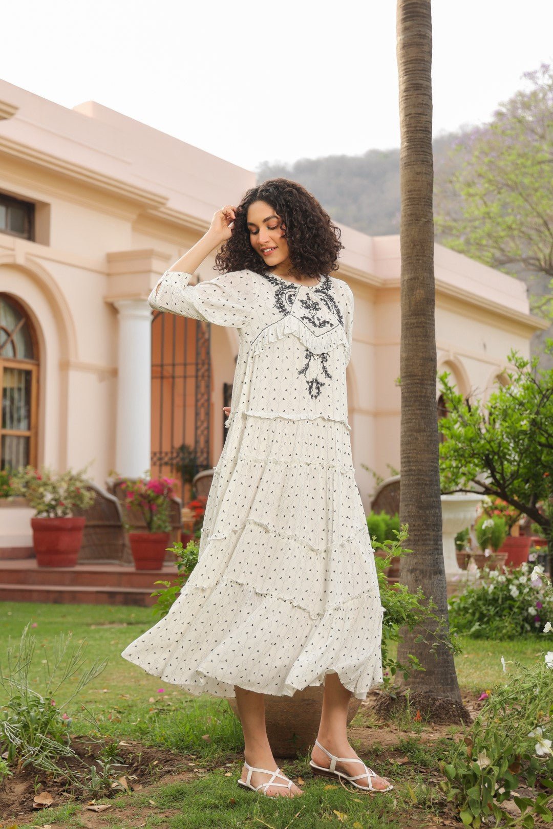 Women White Rayon Crepe Black Embroidered Frill Detailing Dress - Nyaro