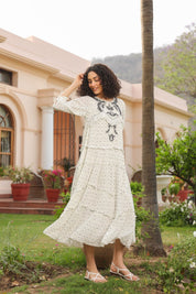 Women White Rayon Crepe Black Embroidered Frill Detailing Dress - Nyaro