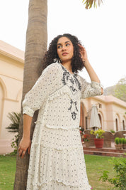 Women White Rayon Crepe Black Embroidered Frill Detailing Dress - Nyaro