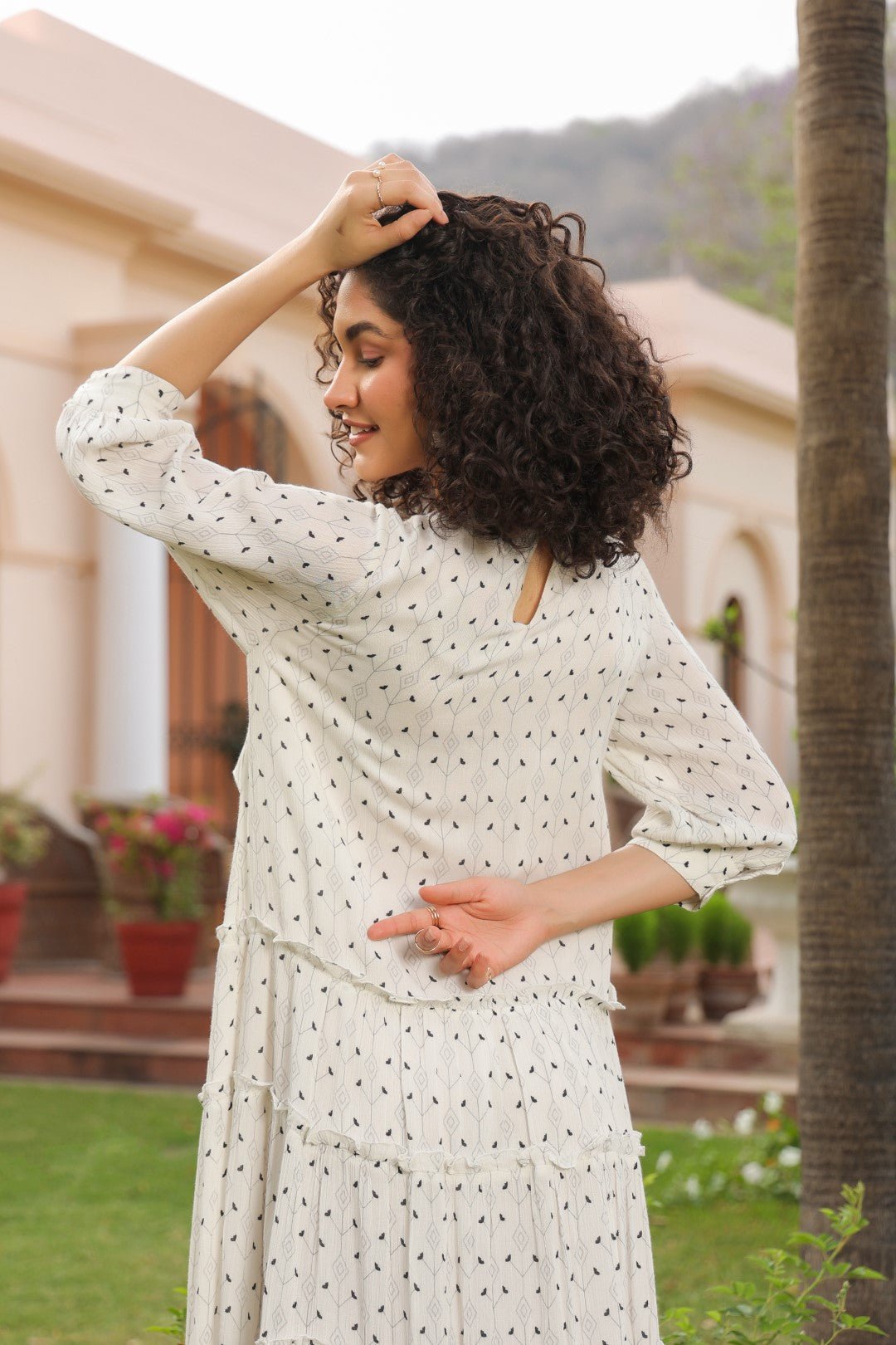 Women White Rayon Crepe Black Embroidered Frill Detailing Dress - Nyaro