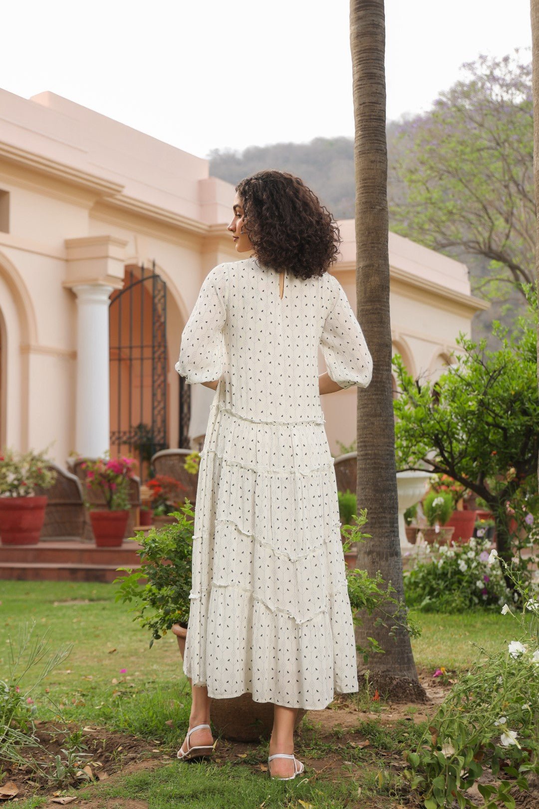 Women White Rayon Crepe Black Embroidered Frill Detailing Dress - Nyaro