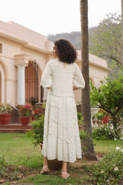 Women White Rayon Crepe Black Embroidered Frill Detailing Dress - Nyaro