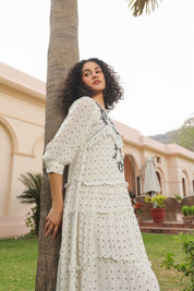 Women White Rayon Crepe Black Embroidered Frill Detailing Dress - Nyaro