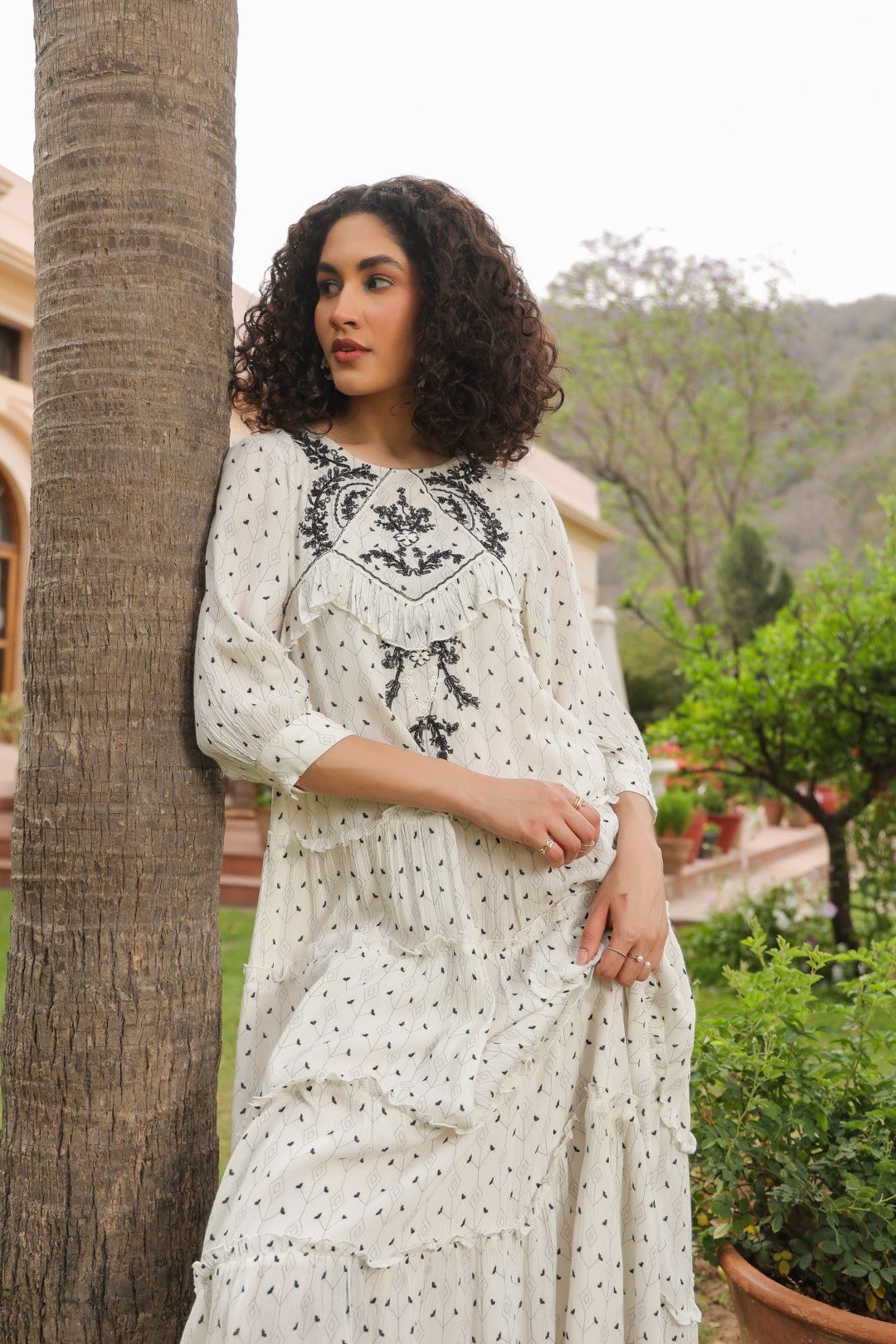 Women White Rayon Crepe Black Embroidered Frill Detailing Dress - Nyaro