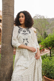 Women White Rayon Crepe Black Embroidered Frill Detailing Dress - Nyaro