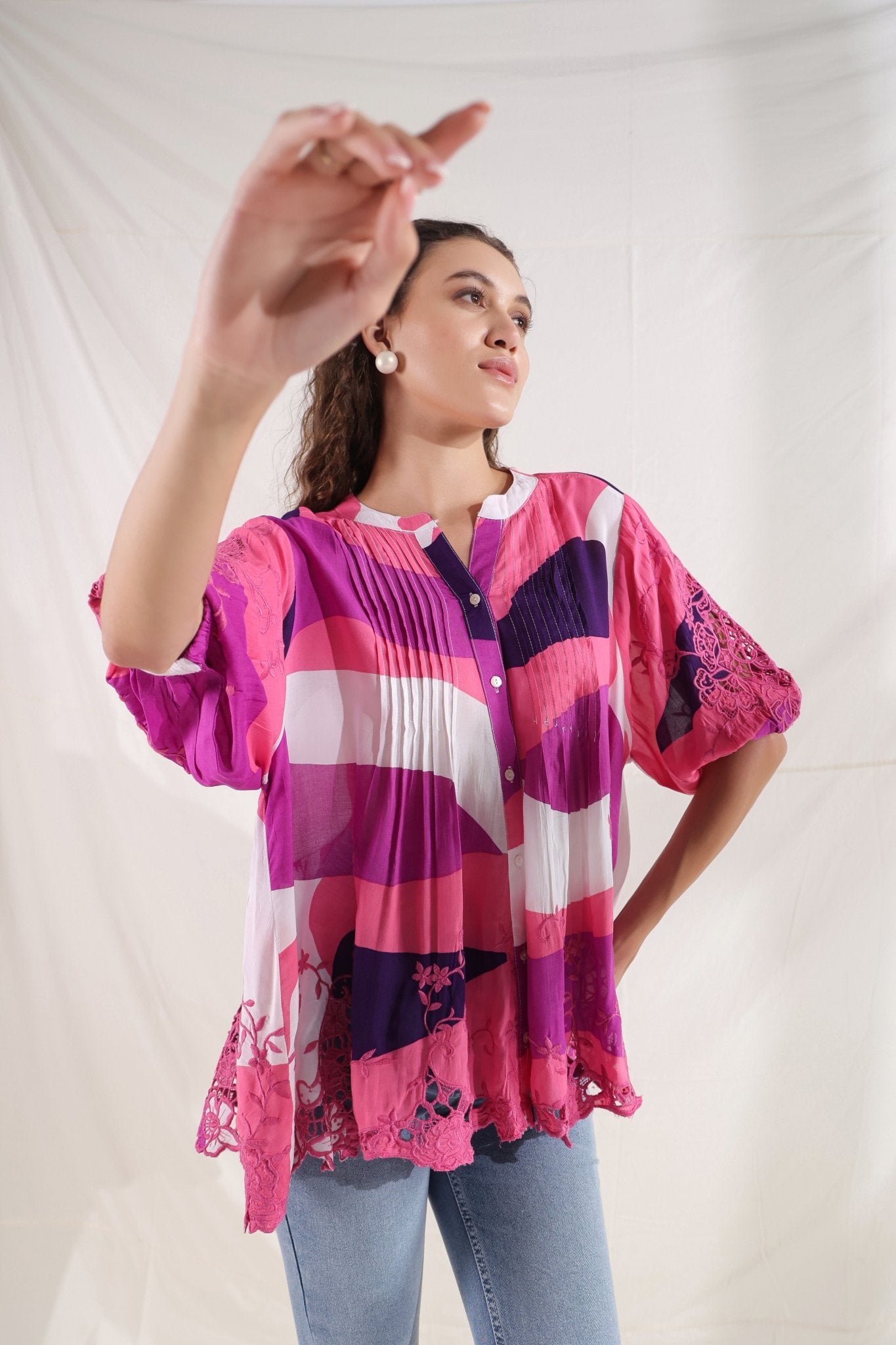 Women Wine Viscose Printed Embroidery Top - Nyaro