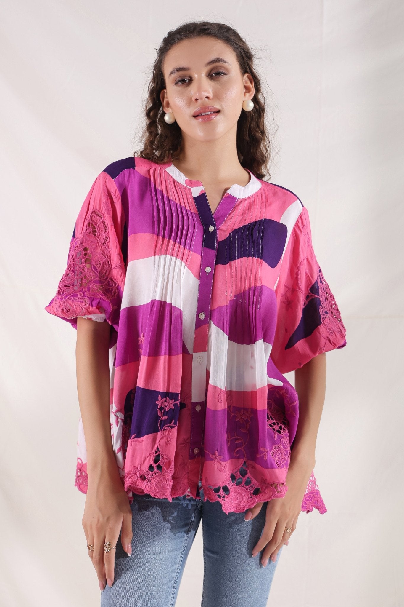 Women Wine Viscose Printed Embroidery Top - Nyaro