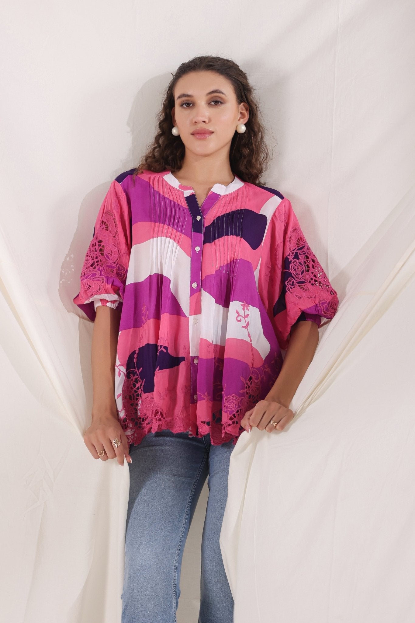 Women Wine Viscose Printed Embroidery Top - Nyaro