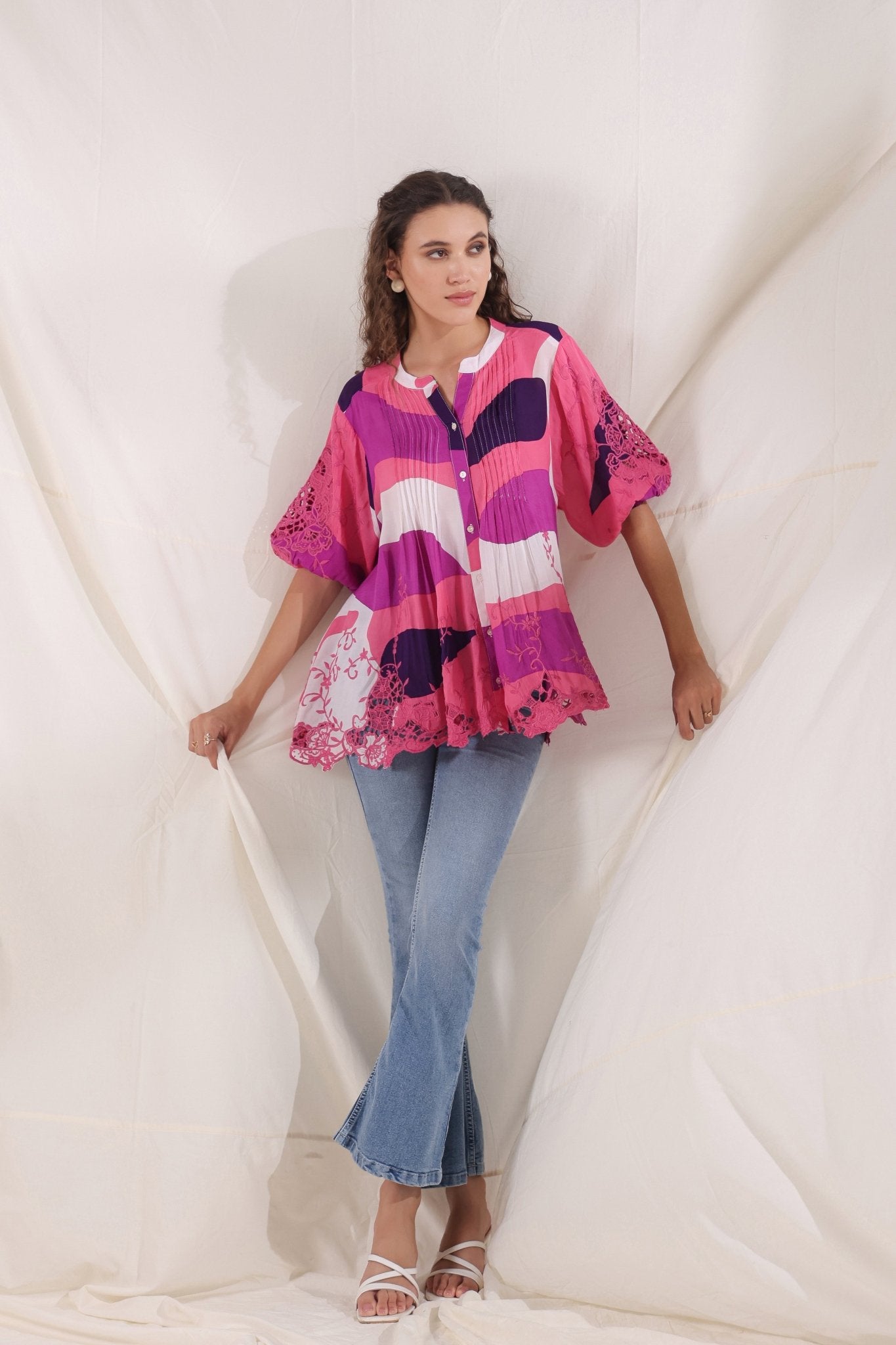 Women Wine Viscose Printed Embroidery Top - Nyaro