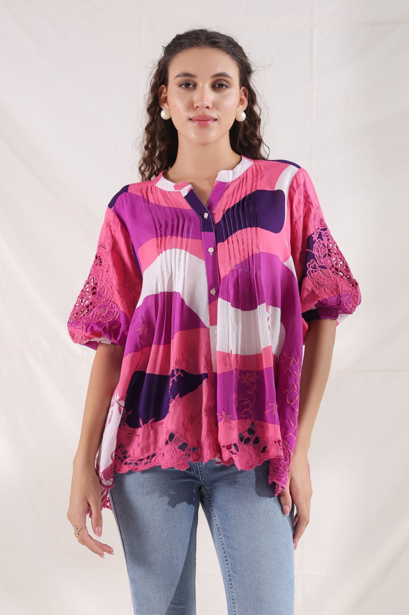 Women Wine Viscose Printed Embroidery Top - Nyaro