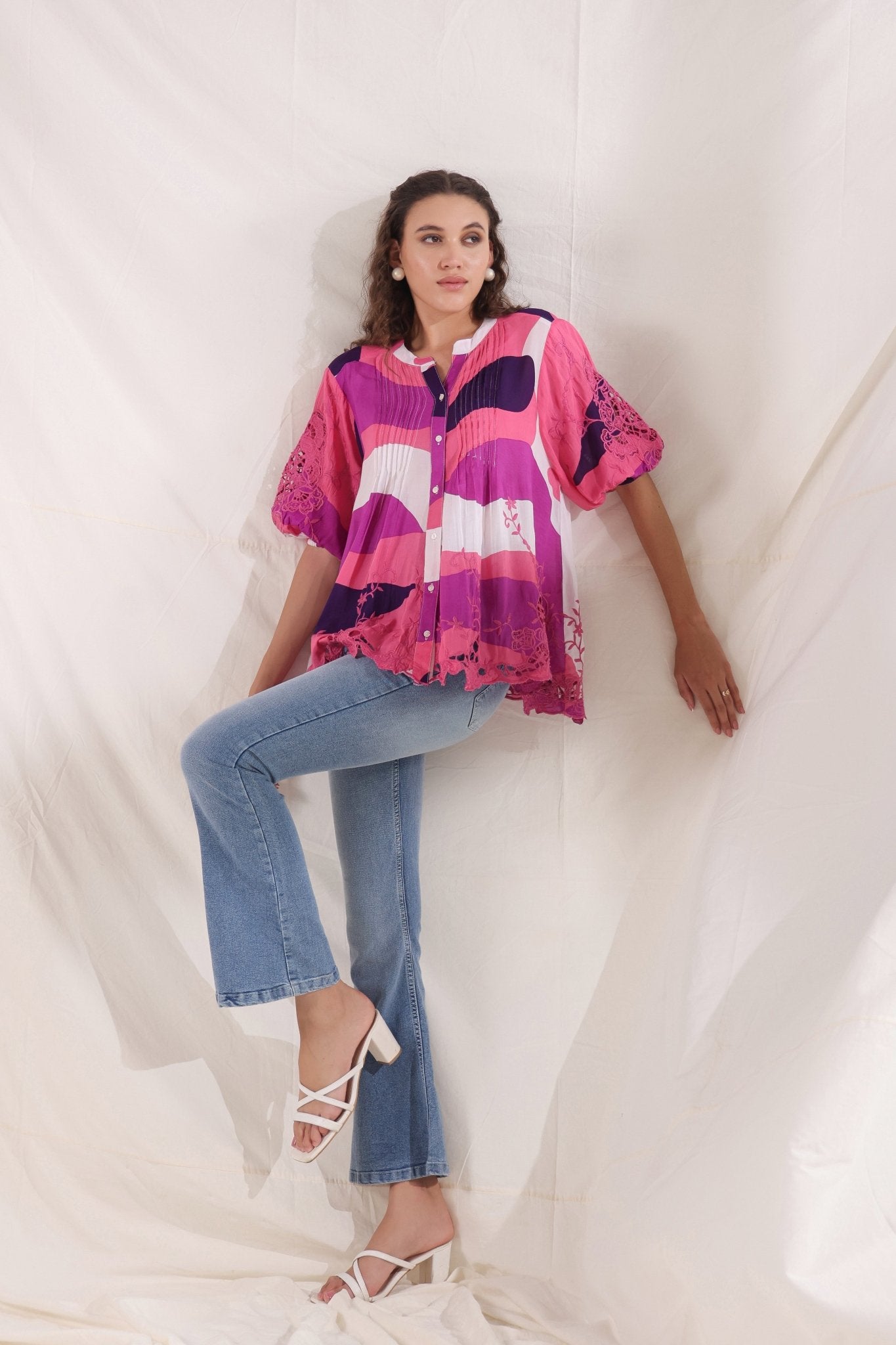 Women Wine Viscose Printed Embroidery Top - Nyaro