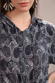 Women’s Black Rayon Printed Co - Ord Set with Lace & Zip - Style Shirt - Nyaro