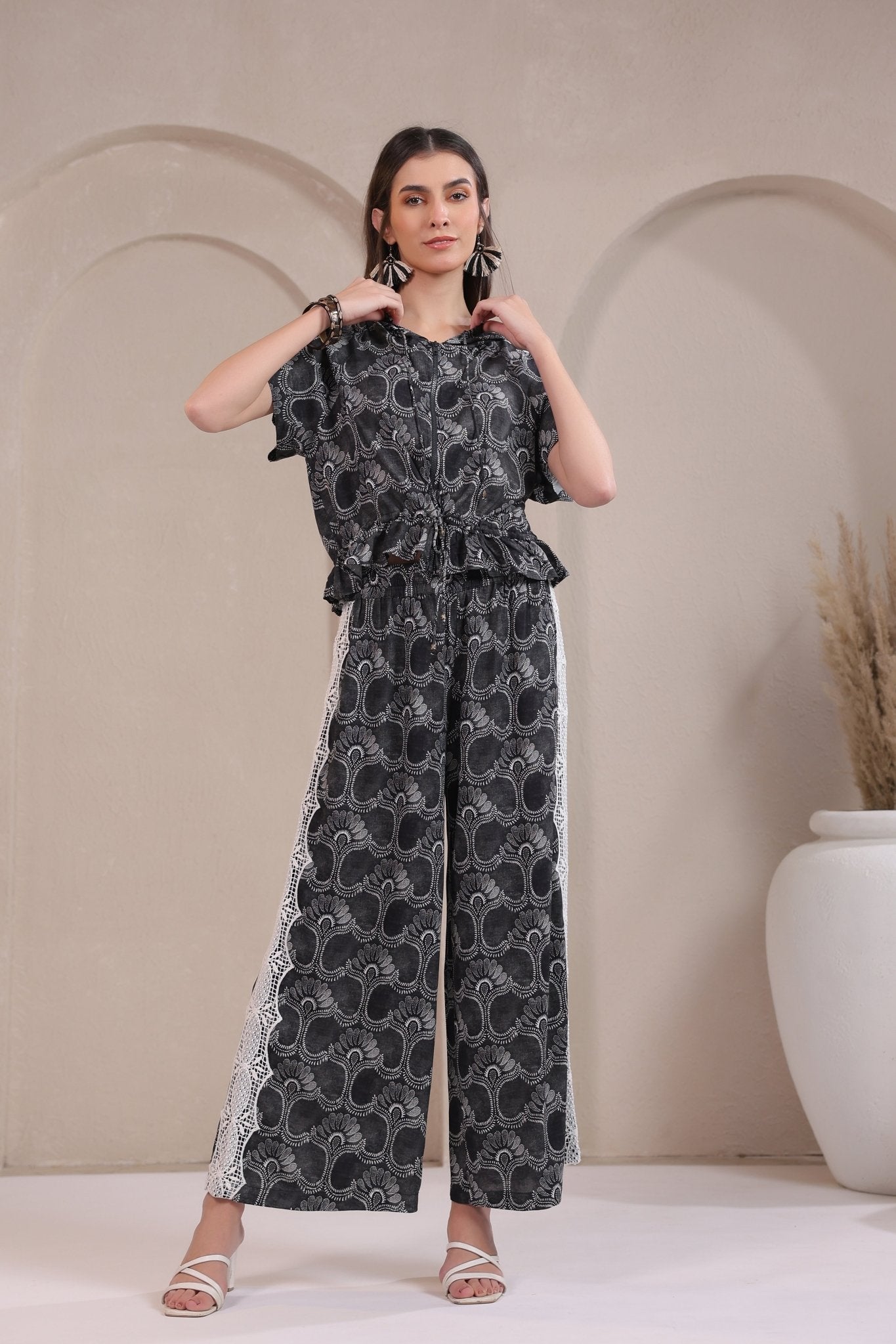 Women’s Black Rayon Printed Co - Ord Set with Lace & Zip - Style Shirt - Nyaro