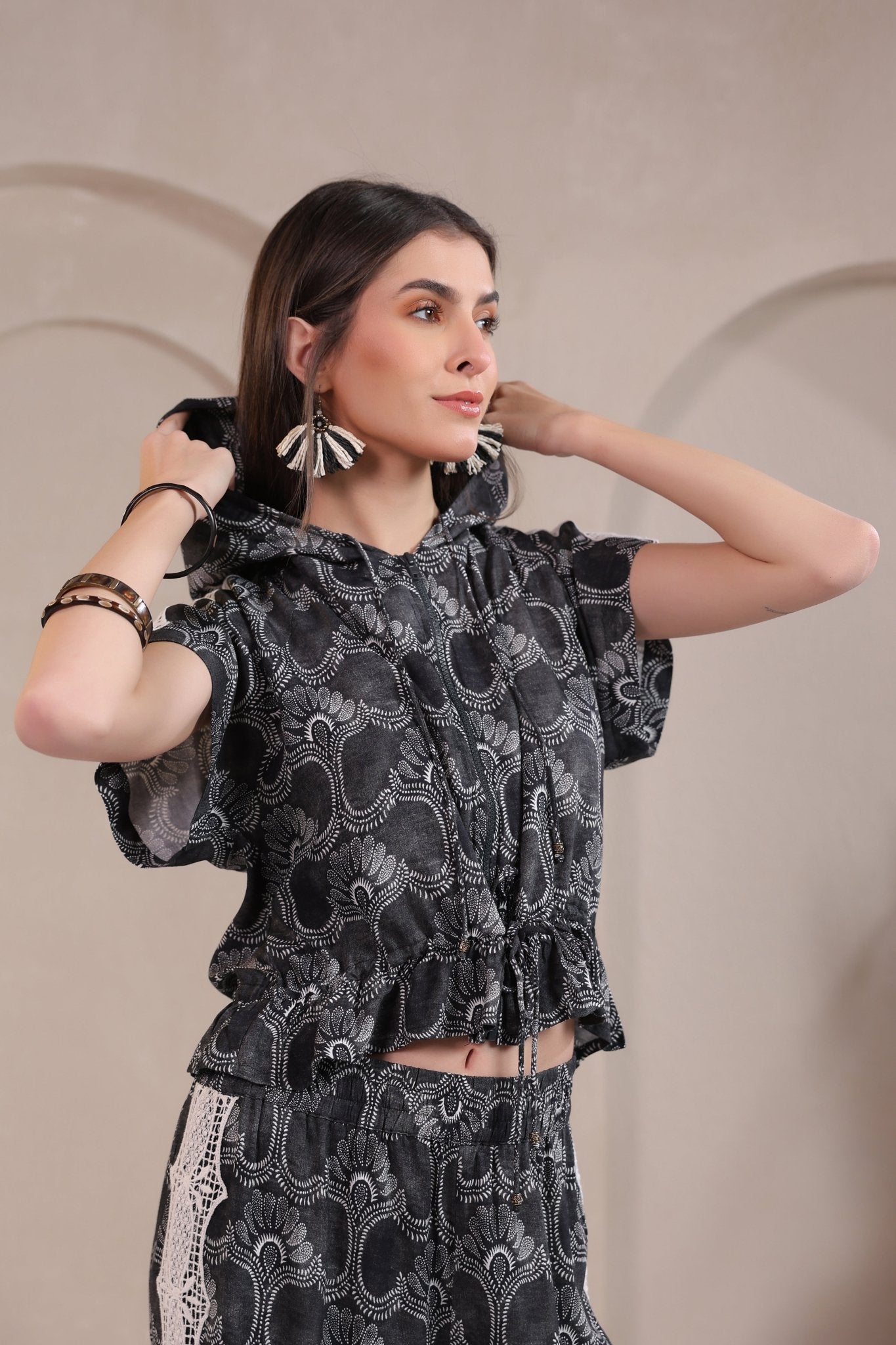 Women’s Black Rayon Printed Co - Ord Set with Lace & Zip - Style Shirt - Nyaro