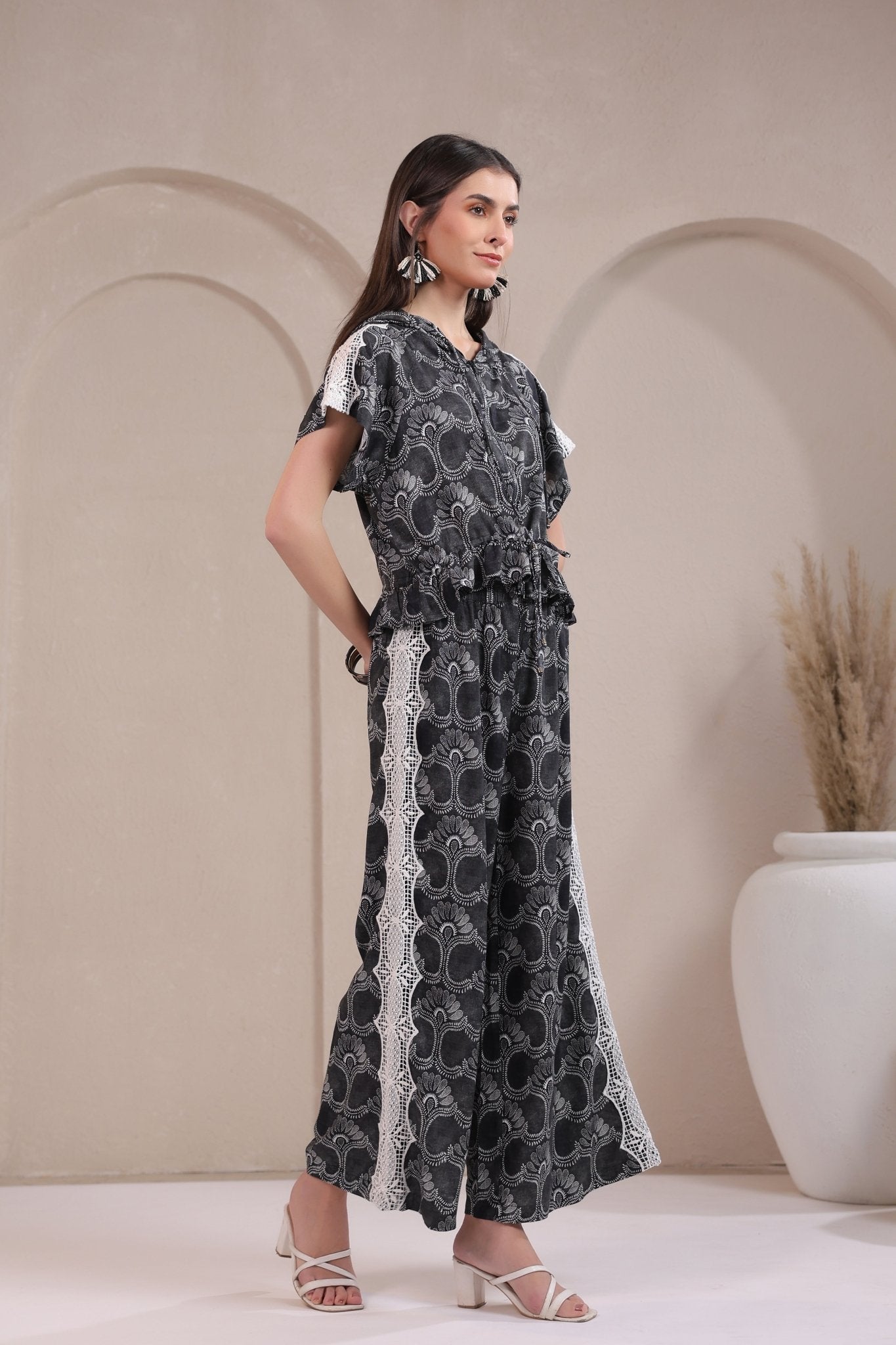 Women’s Black Rayon Printed Co - Ord Set with Lace & Zip - Style Shirt - Nyaro