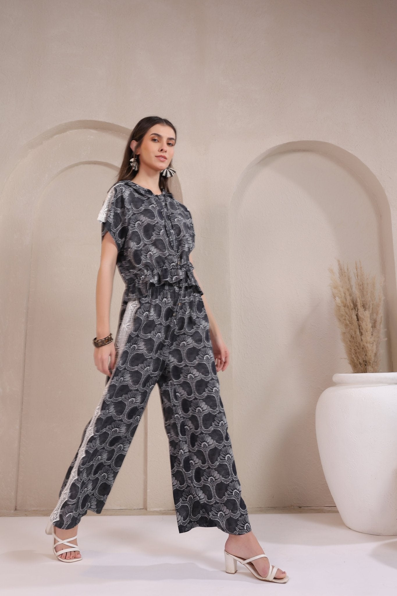 Women’s Black Rayon Printed Co - Ord Set with Lace & Zip - Style Shirt - Nyaro