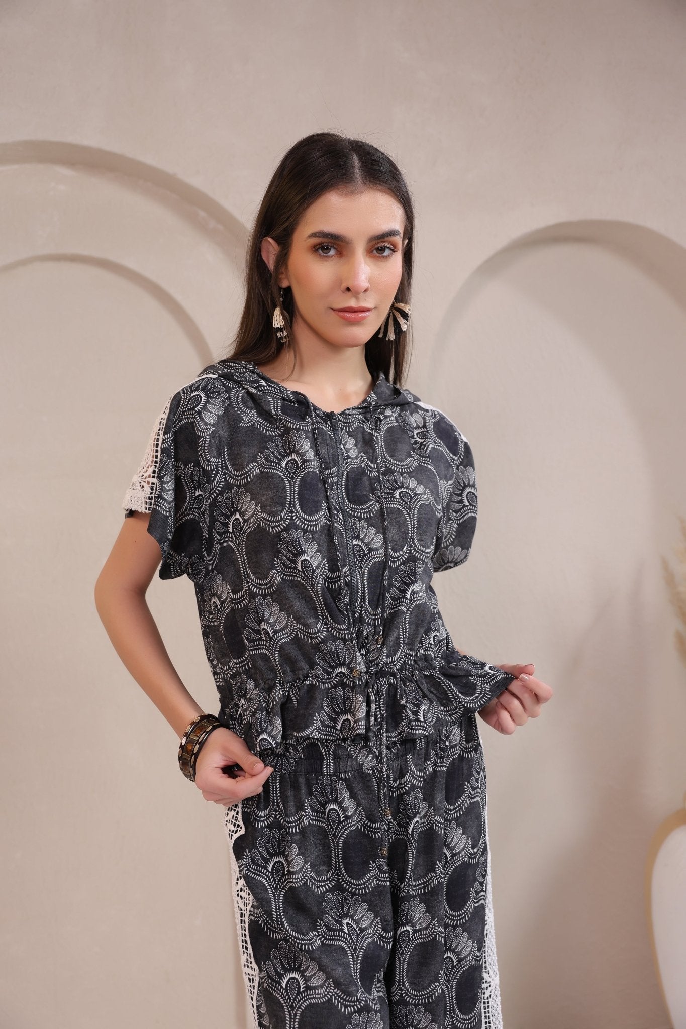 Women’s Black Rayon Printed Co - Ord Set with Lace & Zip - Style Shirt - Nyaro