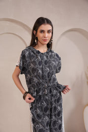 Women’s Black Rayon Printed Co - Ord Set with Lace & Zip - Style Shirt - Nyaro