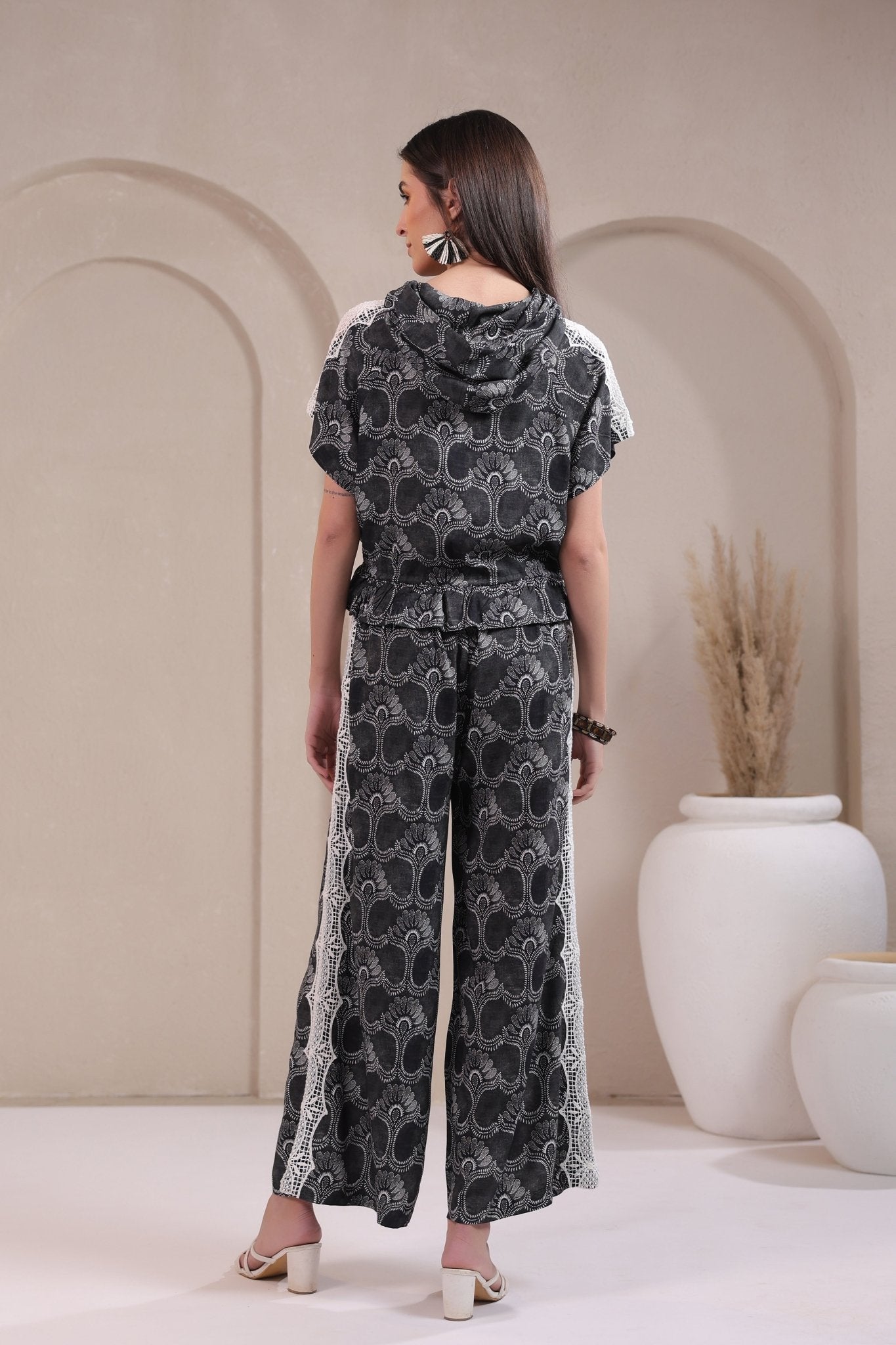 Women’s Black Rayon Printed Co - Ord Set with Lace & Zip - Style Shirt - Nyaro