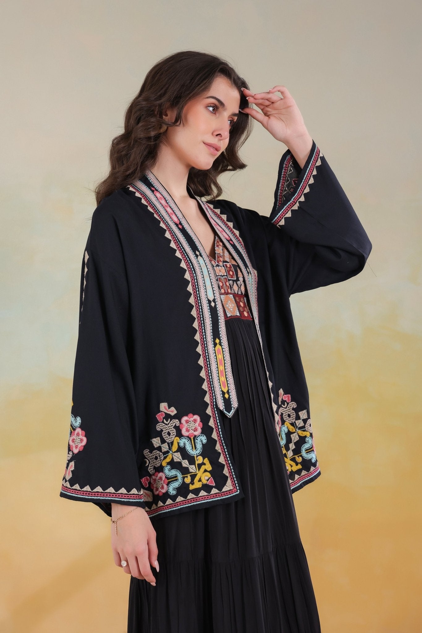 Women’s Black Rayon Solid Embroidered Shrug - Nyaro