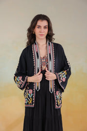 Women’s Black Rayon Solid Embroidered Shrug - Nyaro