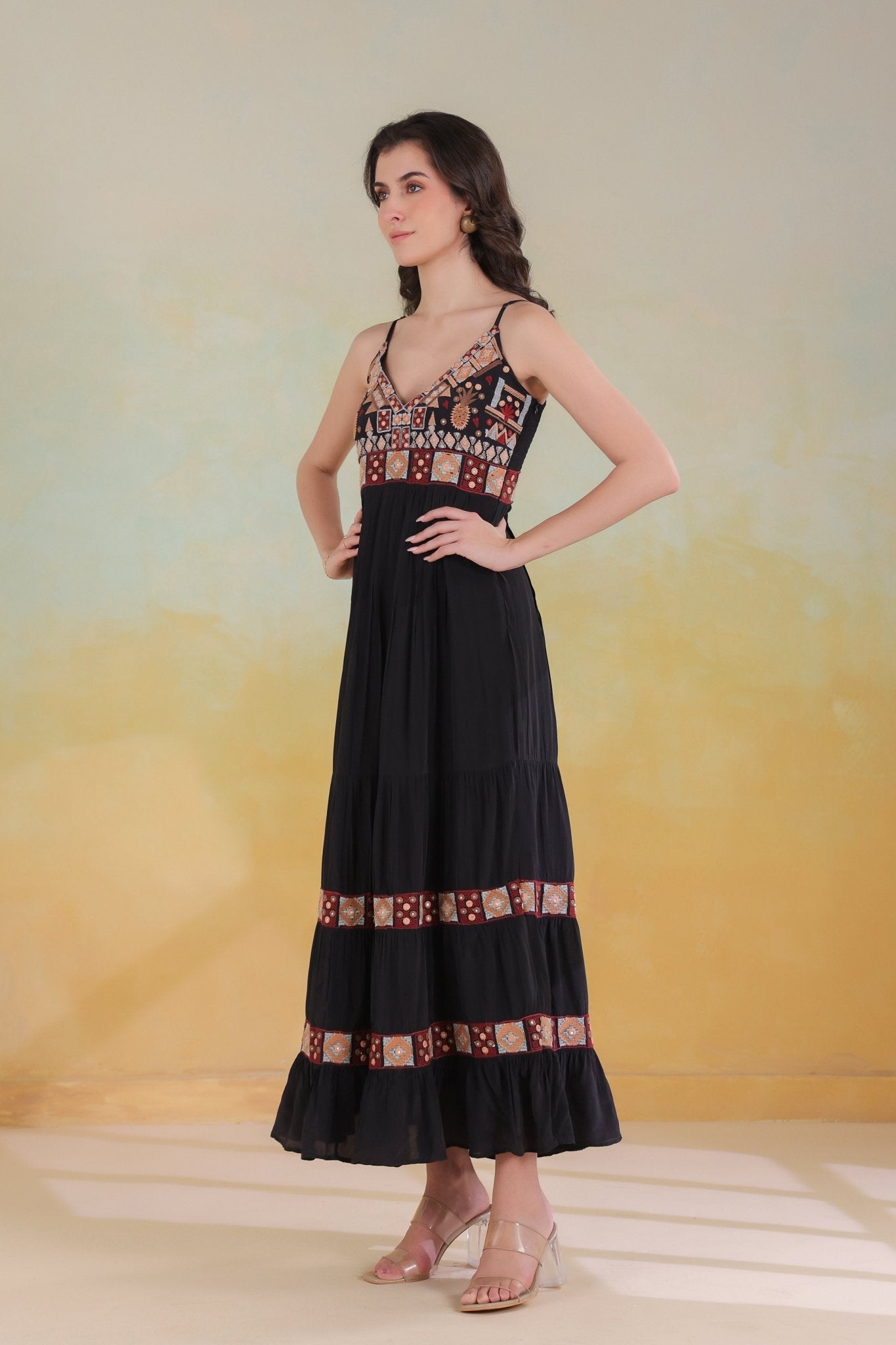 Women’s Black Viscose Rayon Embroidered Dress - Nyaro